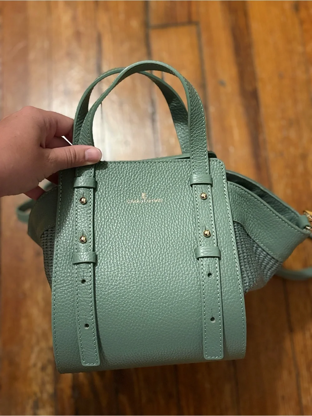 Structured Green Satchel with Gold Accents